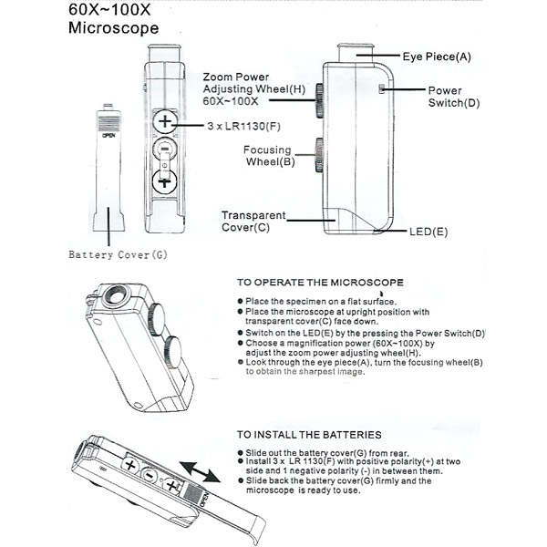 Microscope de poche à led - Zoom x60 à x100